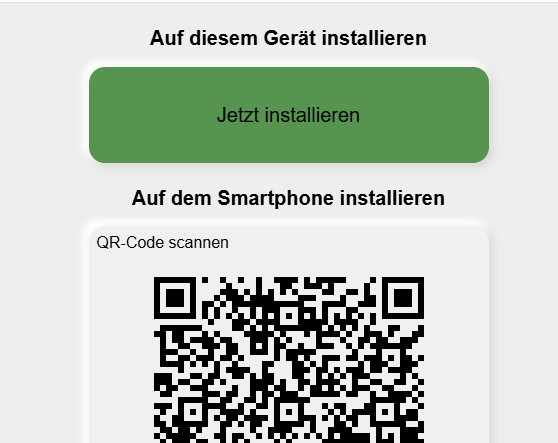 Installation dialog: at the top 'Install on this device' with the green 'Install now' button, below it 'Install on the smartphone' with the prompt 'Scan QR code' and a QR code
