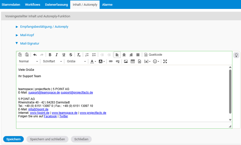 Mail signature field in the ticket channel under Content / Autoreply, here with a universal signature