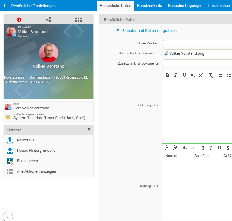 Personal settings, Personal data, Signature and document graphics with the Mail signature field