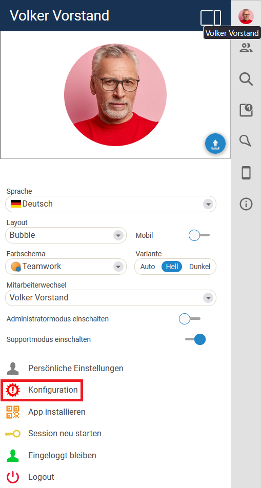Side menu via the user profile picture with the Configuration entry