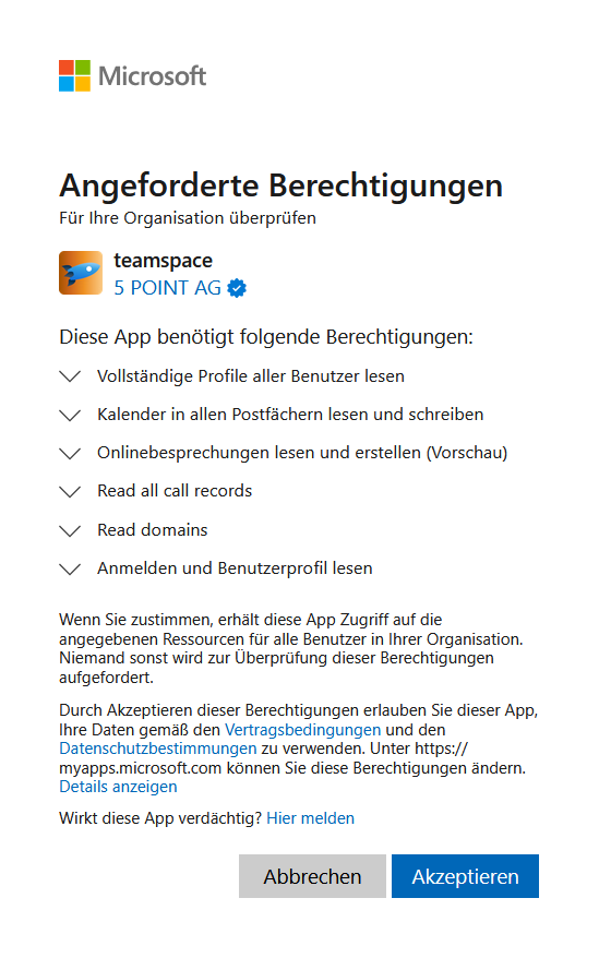 Overview of the permissions required by teamspace with the Accept button