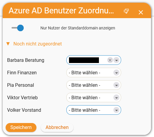 Dialog for assigning the Azure AD users to the teamspace users via drop-down menus