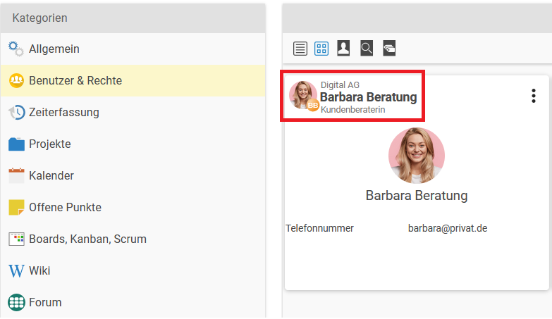 User list with the selected user Barbara Beratung