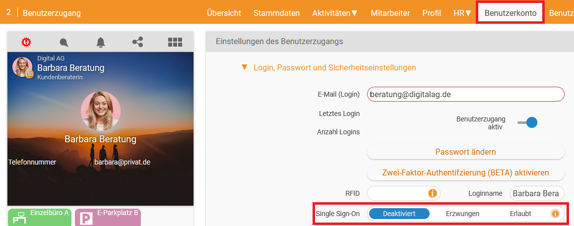 User account tab with the Single sign-on option and the three available values