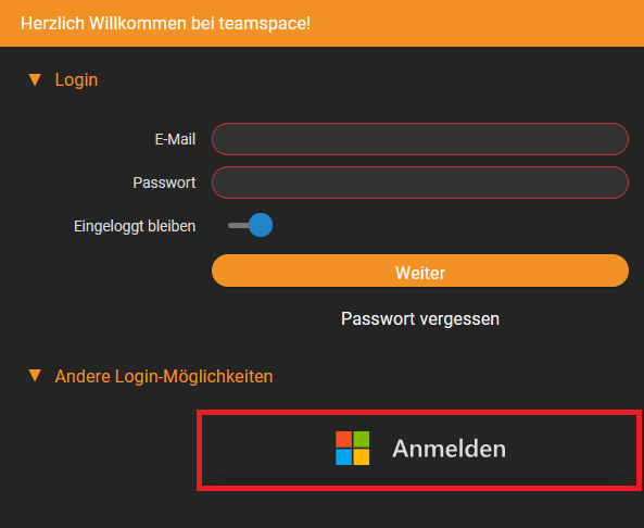 teamspace login page with the Sign in with Microsoft button for SSO login