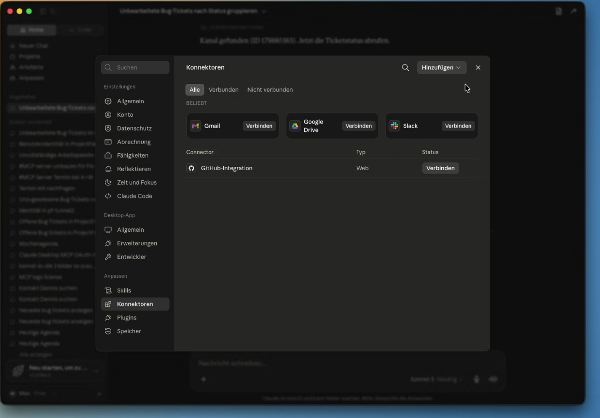 Claude settings with the Connectors area: at the top the popular connectors Gmail, Google Drive and Slack, below a table with the already configured connector and the Add button at the top right