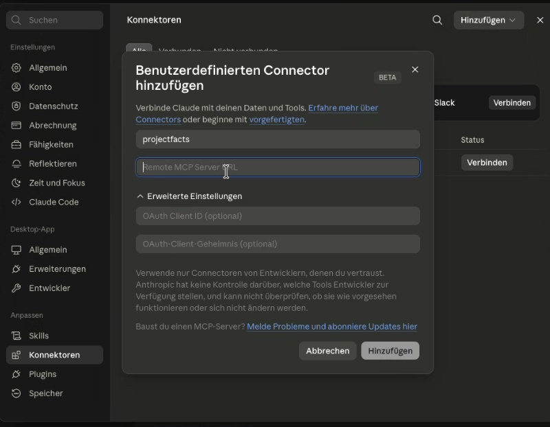 The Add custom connector dialog with the name projectfacts in the first field; the Remote MCP Server URL field is still empty, with the expanded advanced settings and the empty OAuth fields below