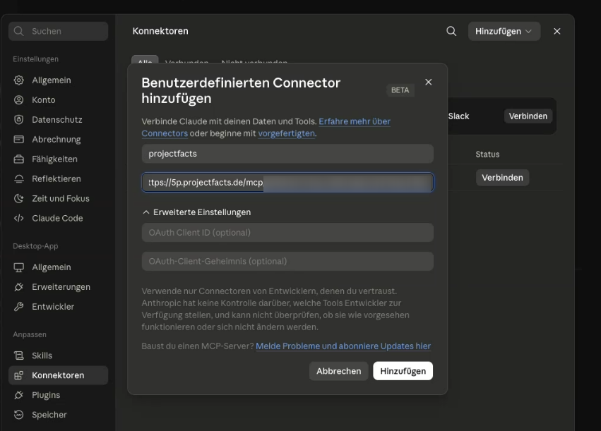 The same dialog with the MCP server address entered in the Remote MCP Server URL field; the OAuth Client ID and OAuth Client Secret fields stay empty, with the Add button at the bottom right