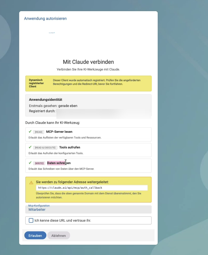 Consent screen Connect with Claude: yellow notice about the dynamically registered client, the application identity, the three permissions Read MCP server, Call tools and Write data, the redirect URI, the MCP configuration Employee and the Allow and Deny buttons