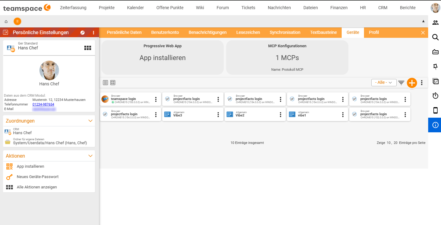 Personal settings on the Devices tab: at the top the Progressive Web App tile with Install app and the MCP configurations tile with 1 MCPs and the name Protokoll MCP, below them the user's device passwords – browser logins and the entries Vibe3, Vibe2 and vibe1; on the left in the actions, the New device password entry. The email address in the details panel is redacted.