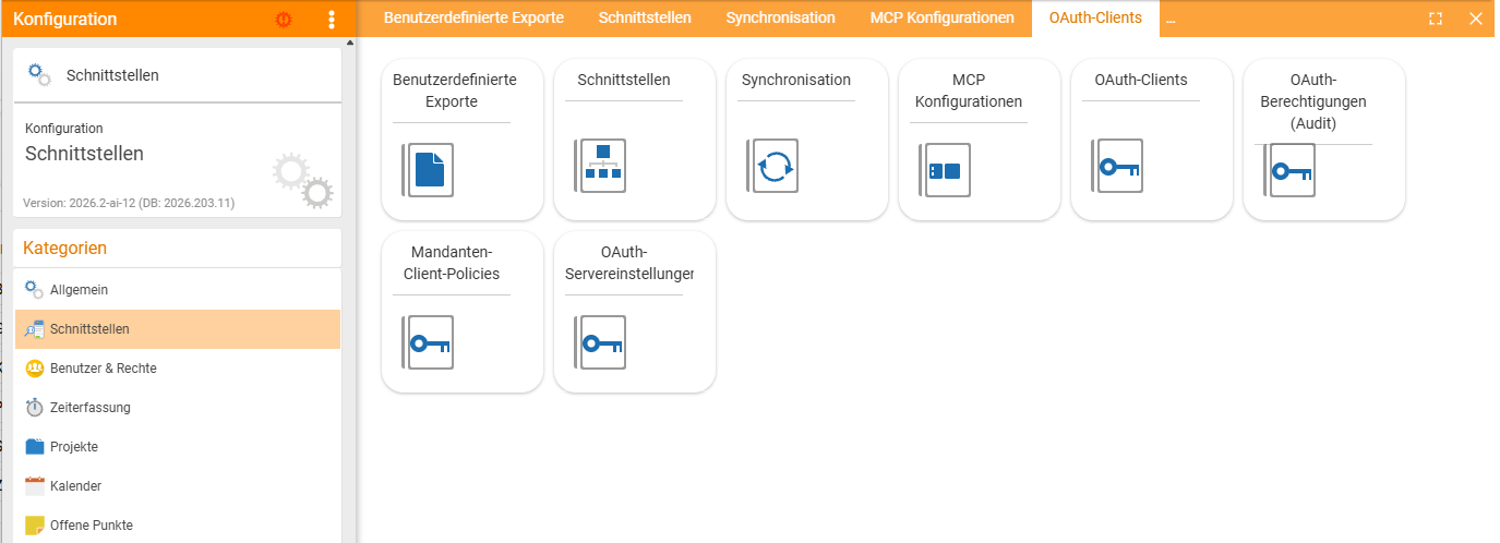 The Interfaces category in the system configuration as a tile overview: Custom exports, Interfaces, Synchronisation, MCP configurations, OAuth clients, OAuth authorisations (audit), Tenant client policies and OAuth server settings