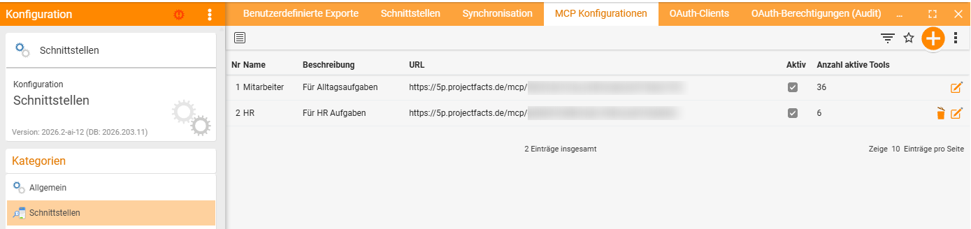The MCP configurations tab with two accesses: Employee with the description For everyday tasks and 36 active tools, and below it HR with the description For HR tasks and 6 active tools. Both are marked active; the identifier part of the addresses is redacted.