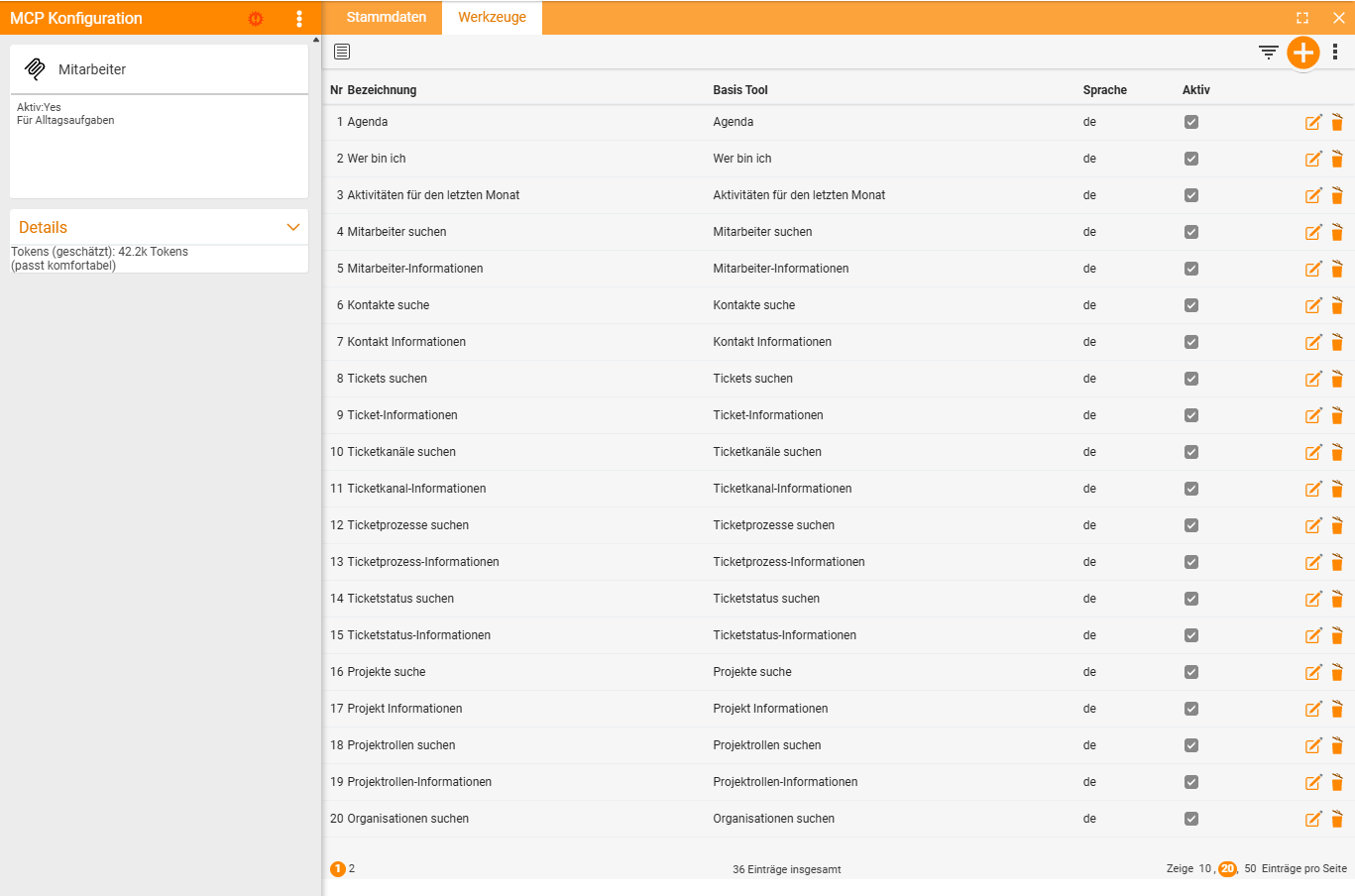 The Tools tab of the Employee MCP configuration with the tool list (No., Label, Base tool, Language, Active) – from Agenda and Who am I through Contacts and Tickets to the project roles; on the left, the details panel shows the token estimate under Details