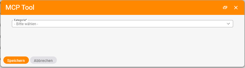 The MCP Tool dialog right after opening: only the mandatory Category field with the entry Please choose is visible, with the Save and Cancel buttons below