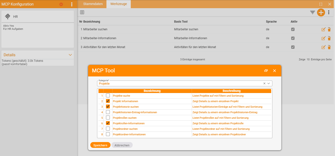 The same dialog over the Tools tab of the HR access: with the Projects category chosen, the eight project tools appear, each with a label, description and selection box. Three of them are ticked – Project information, Search project history and Project role information. On the left, the details panel shows the token estimate of 3.0k tokens.