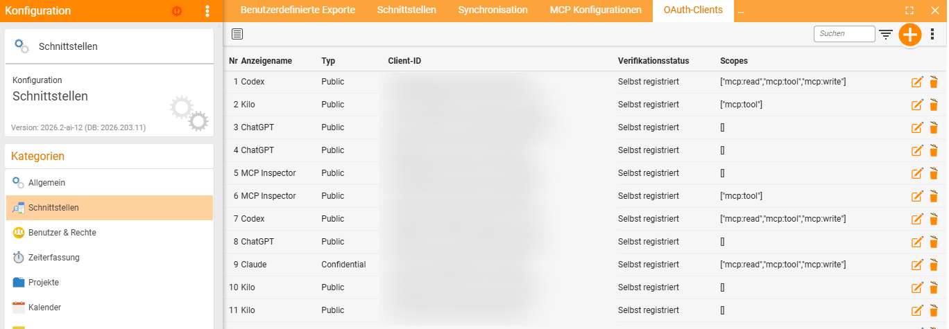 The OAuth clients tab with a list of self-registered clients – Codex, Kilo, ChatGPT, MCP Inspector and Claude – each with its type (Public or Confidential), verification status and the granted scopes such as mcp:read, mcp:tool and mcp:write. The Client ID column is redacted because it contains tenant identifiers.