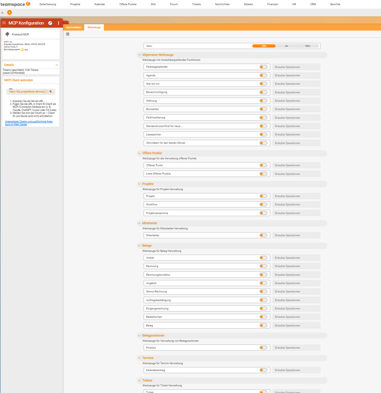 The Tools tab of an MCP configuration with all categories expanded, part one: General tools from Public holiday calendar to Activities for the last month, Open items, Projects, Employees, Documents with Article, Invoice, Quote and other document types, Line items, Appointments and the start of Tickets. Every tool has a toggle and an Allowed operations field.