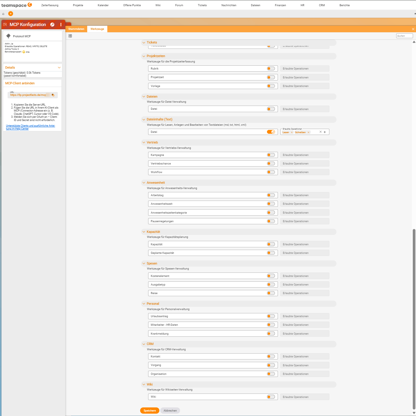 Part two of the tool catalogue: Project times, Files, File contents (text) with the File tool switched on and the allowed operations Read and Write, Sales, Attendance, Capacity, Expenses, Personnel, CRM and Wiki; at the bottom the Save and Cancel buttons.
