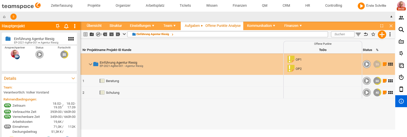 The project 'Einführung Agentur Riesig' in the structure manager (tab Tasks ▸ Open items): the project structure with the column 'Open items / ToDo', the attached items OP1 and OP2 on the top element as well as status and percentage columns