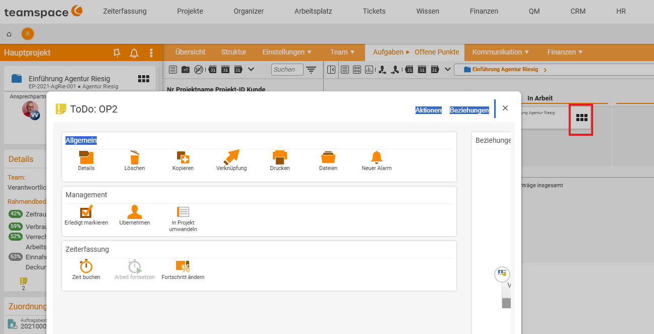 The action modal 'ToDo: OP2' with the sections General (Details, Delete, Copy, Link, Print, Files, New alarm), Management (Mark as done, Take over, Convert into project) and Time tracking with 'Book time', 'Resume work' and 'Change progress'