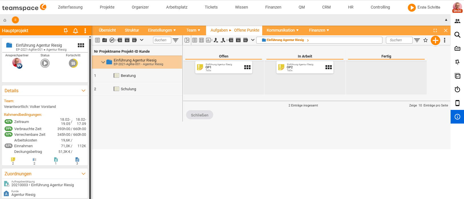 A project's 'Open items' tab as a board with the status columns Open, In progress and Done; the items OP1 (Open) and OP2 (In progress) as cards, on the left the project structure