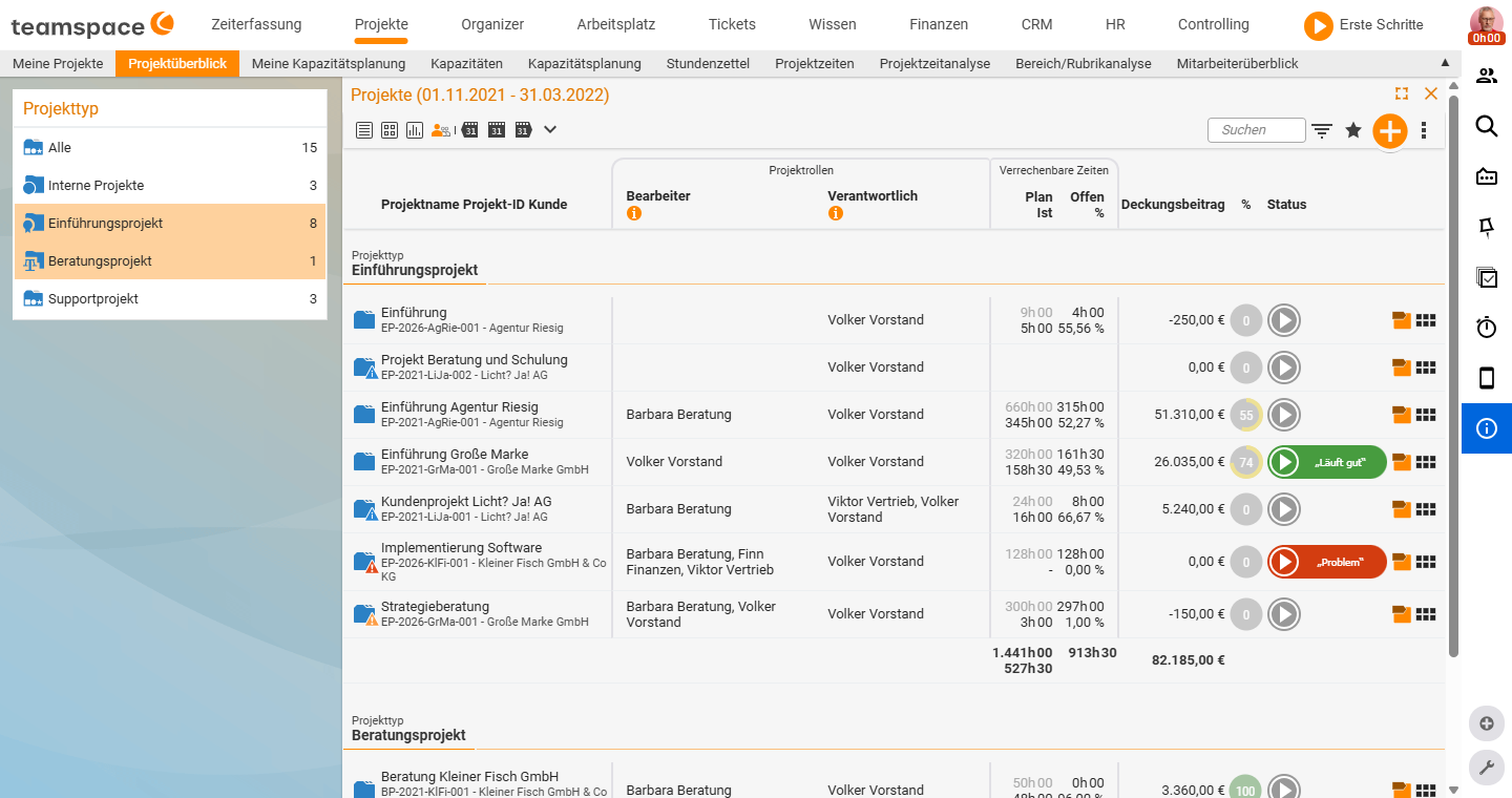 Project overview with the project-type list (Internal projects, Implementation project, Consulting project, Support project) and the projects grouped beneath them
