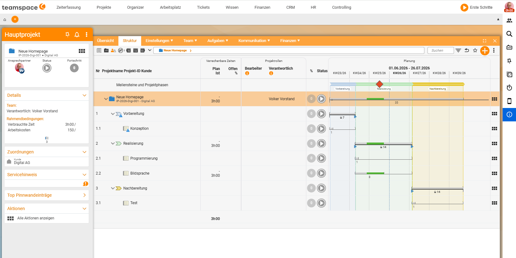 Project manager on the 'Structure' tab: structure tree of the project 'New homepage' with the row 'Milestones and project phases' as well as the phases Preparation (Concept), Realisation (Programming, Visual language) and Wrap-up (Test), with the schedule on the right