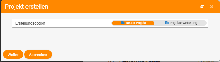 'Create project' dialog with the creation option 'New project' (active) and 'Project extension' as well as the buttons 'Next' and 'Cancel'