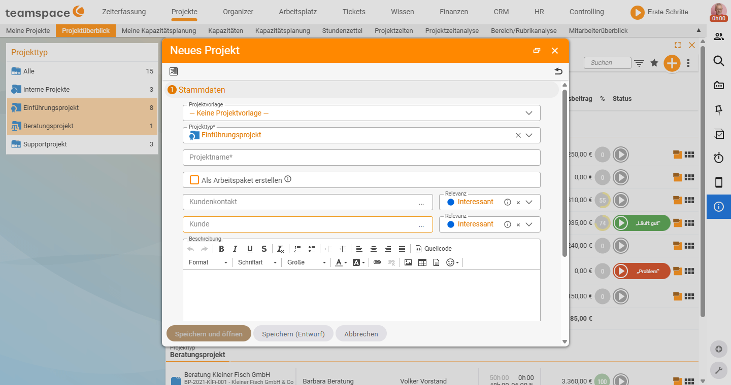 'New project' dialog with the fields Project template, Project type, Project name, Customer contact, Customer and Description
