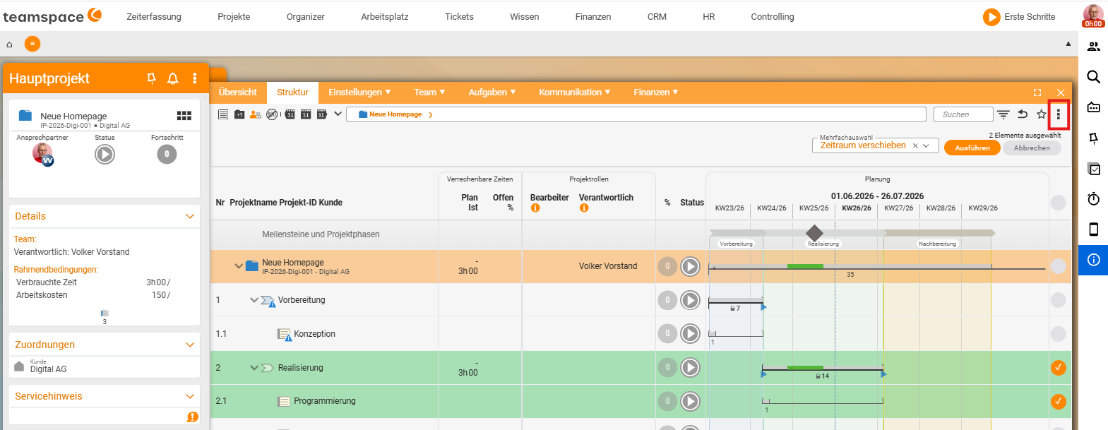 Structure view with active multiple selection: at the top the 'Multiple selection' field with the chosen action 'Move time period' as well as 'Execute'/'Cancel', the note '2 elements selected', on the right the selection checkboxes, two rows marked green