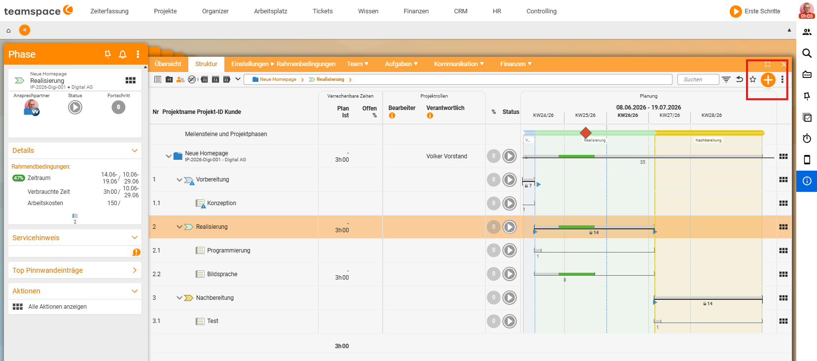 Structure view of the project 'New homepage': the phase 'Realisation' is marked light orange as the target level, top right in the toolbar the plus symbol for attaching new structure elements