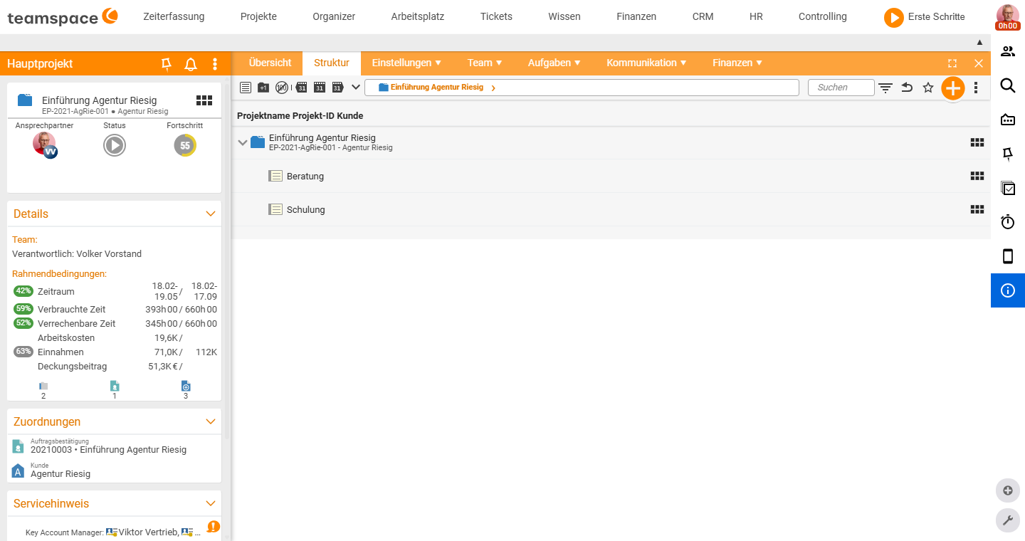 Project manager with the menu bar Overview, Structure, Settings, Team, Tasks, Communication, Finance above the structure tree