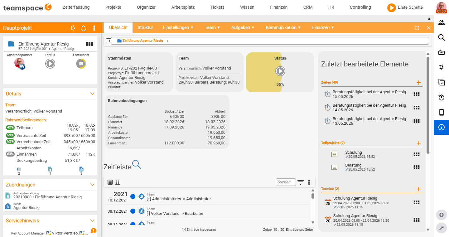 Overview of the project manager with master data, team, status, parameters, timeline and recently edited elements