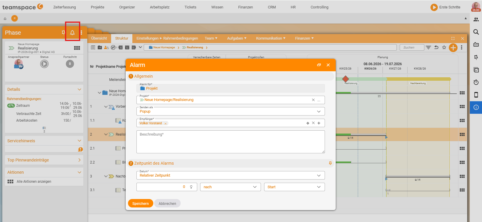 'Alarm' dialog above the project structure: 'General' section with 'Alarm for' Project, project selection, 'Send as' Popup and recipient, plus 'Time of the alarm' section with a relative time (days after start)