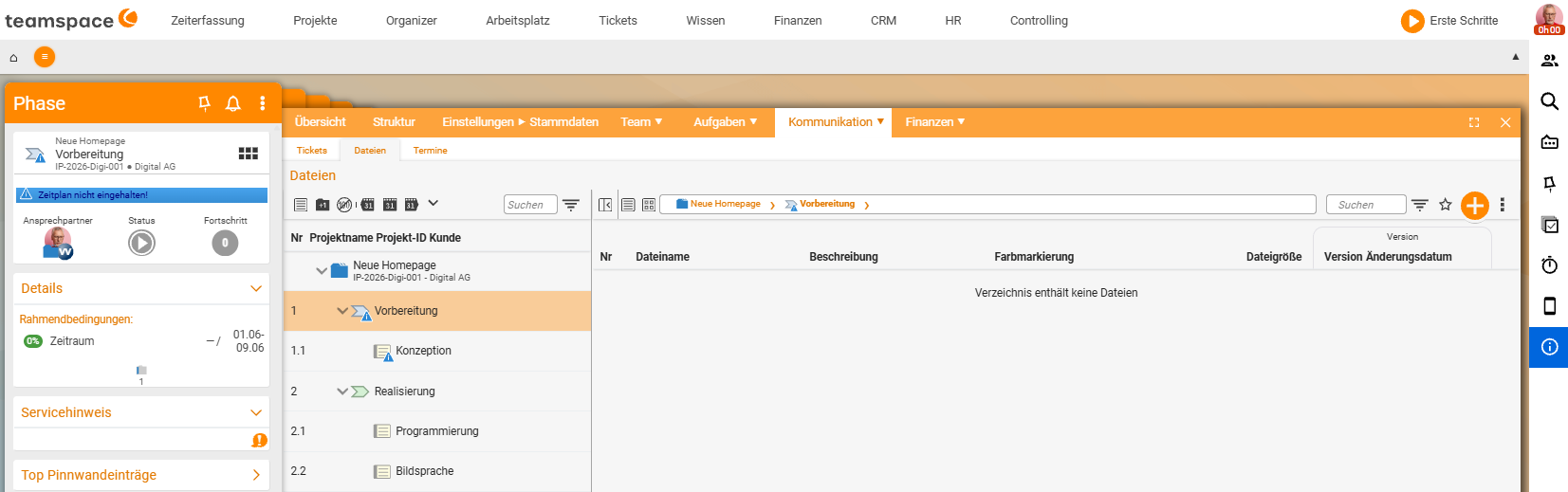 Project manager on the 'Communication ▸ Files' tab: on the left the structure tree with the marked phase 'Preparation', on the right the file table (file name, description, colour marking, file size, version) with the note 'Directory contains no files' and the plus for creating one