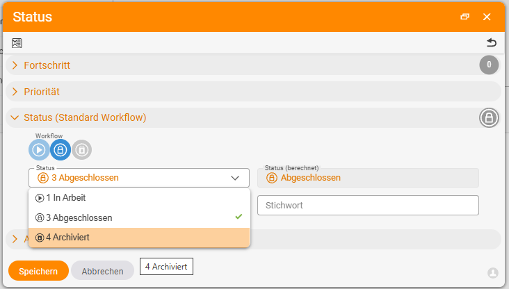 Status dialog (Standard workflow) with the status dropdown open: options '1 In progress', '3 Completed' (current) and, highlighted, '4 Archived'; below, the button '4 Archived' and 'Save'