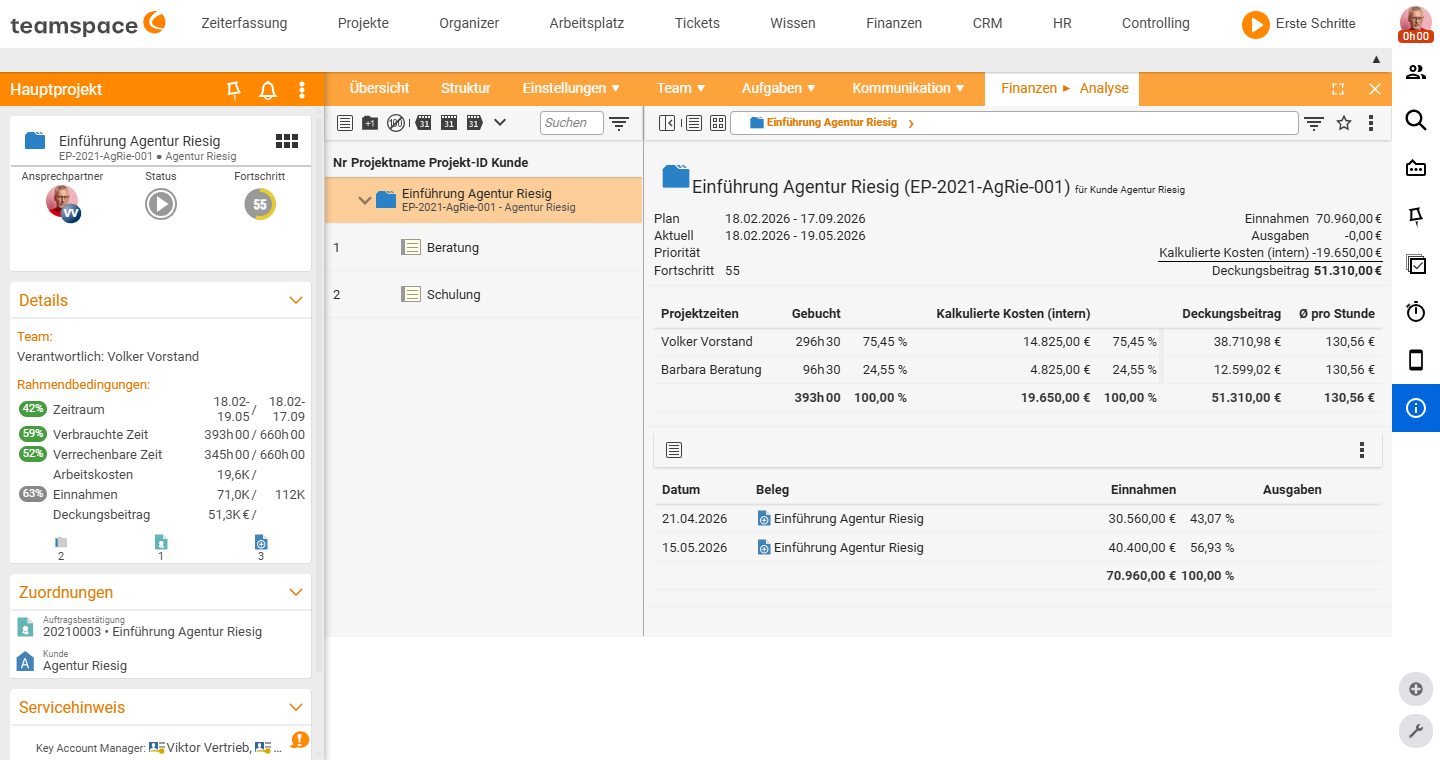 Analysis tab (under Finance) with income, expenditure, calculated costs, contribution margin and project times per person