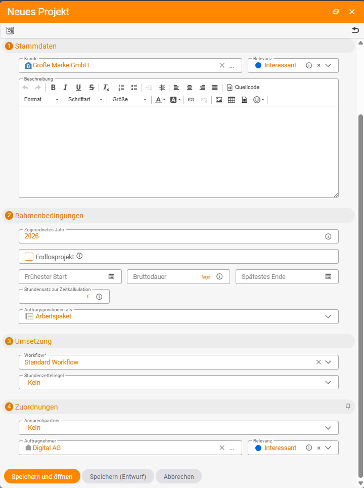 'New project' creation dialog with the sections Master data (Customer, Description), Parameters (Year, Earliest start, Gross duration, Hourly rate, Order items as work package), Delivery (Workflow, Timesheet rule) and Assignments (Contact, Contractor)