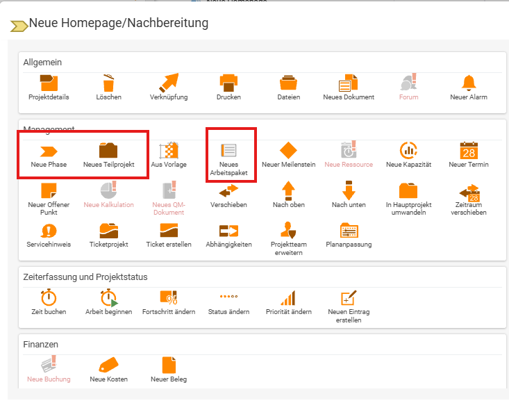 Action panel ('chocolate bar') of the element 'Wrap-up' with the 'Management' group: 'New phase', 'New subproject' and 'New work package' highlighted