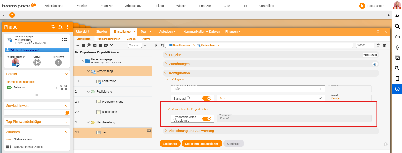 'Settings ▸ Parameters' tab of a subproject: in the 'Configuration ▸ Categories' section, the highlighted area 'Directory for project files' with the activated 'Synchronised directory' switch