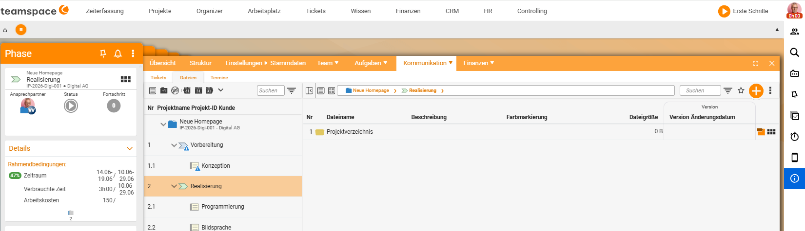 'Files' tab of the phase 'Realisation' with the entry 'Project directory' as a folder row in the file table