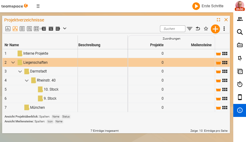 'Project directories' list as an expanded tree: Internal projects, Properties ▸ Darmstadt ▸ Rheinstr. 40 ▸ 10th floor / 9th floor and Munich; columns No., Name, Description and Assignments (Projects, Milestones)