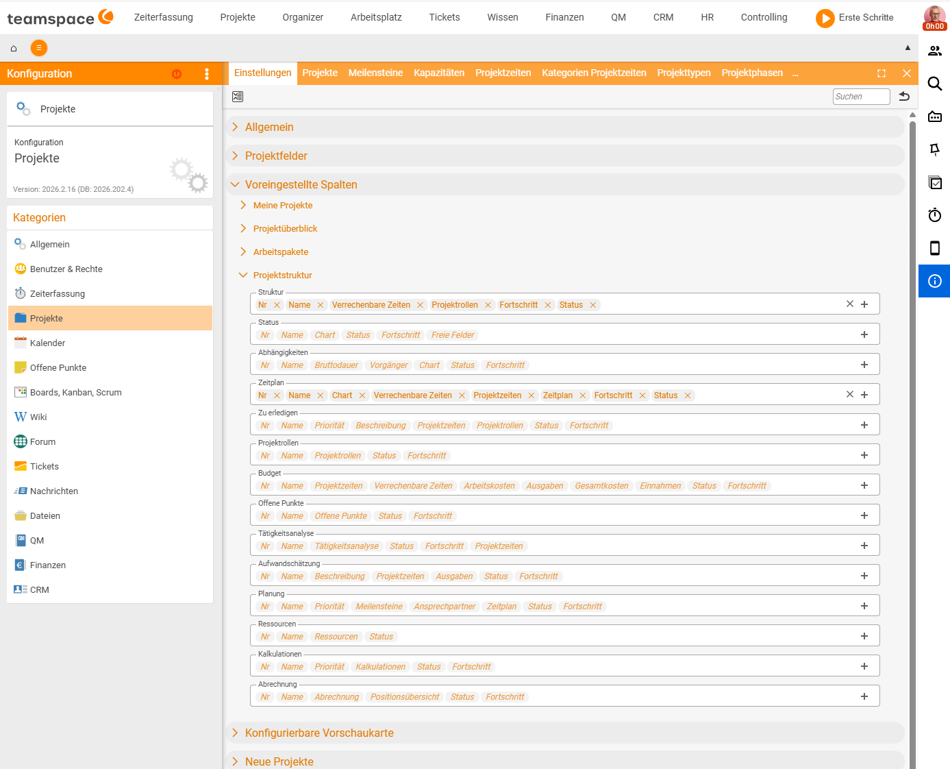 Configuration → Projects → Preset columns → Project structure with the structure lists Structure, Status, Dependencies, Schedule, To do, Project roles, Budget, Open items, Activity analysis, Effort estimation, Planning, Resources, Costings, Billing and their column chips