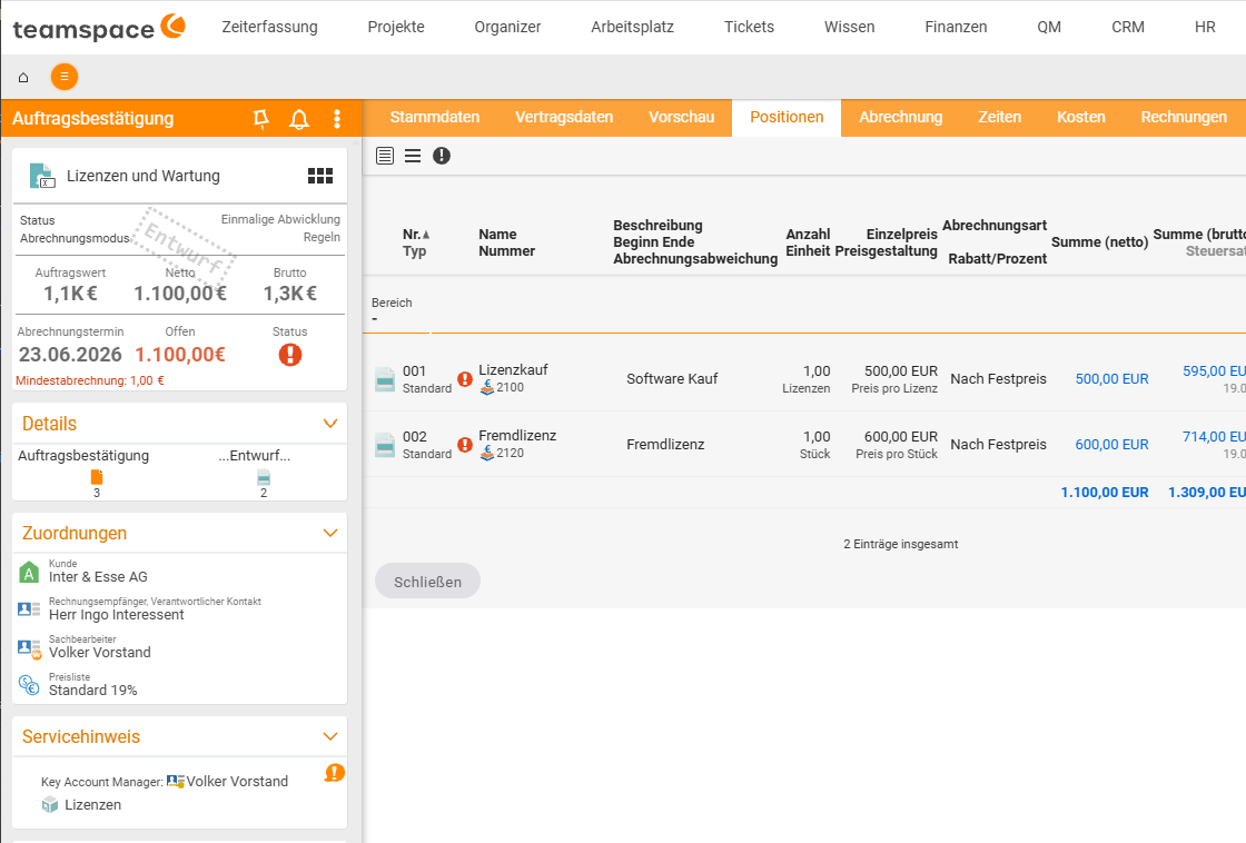 Order 'Licences and maintenance' with the expanded 'Service note' area showing the linked product 'Licences' and the Key Account Manager.