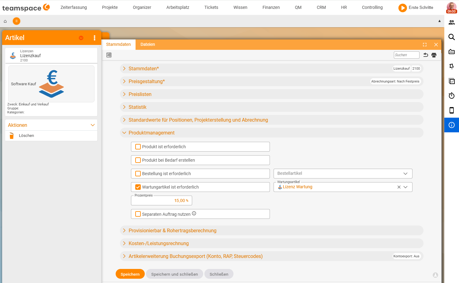Article detail manager of the purchase licence 'Licence purchase' with the expanded 'Product management' accordion: the toggles 'Product is required', 'Create product if needed', 'Purchase order is required' (Purchase article field), 'Maintenance article is required' (Maintenance article field 'Licence maintenance', percentage price 15%) and 'Use separate order'.
