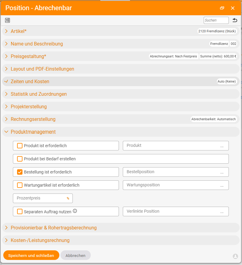 Item detail manager 'Item – Billable' with the expanded 'Product management' accordion: toggles 'Product is required', 'Create product if needed', 'Purchase order is required' (active), 'Maintenance article is required', 'Use separate order' and the related selection fields.