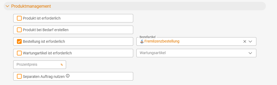 Detail of the 'Product management' section on the article: the active toggle 'Purchase order is required' with the selected purchase article 'Third-party licence order'.
