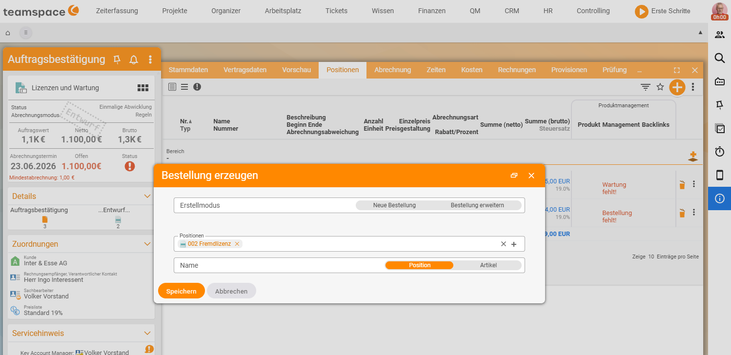 'Create purchase order' dialog over an order item: creation mode 'New purchase order' / 'Extend purchase order', Items field with '002 Third-party licence' and an Item/Article switch.