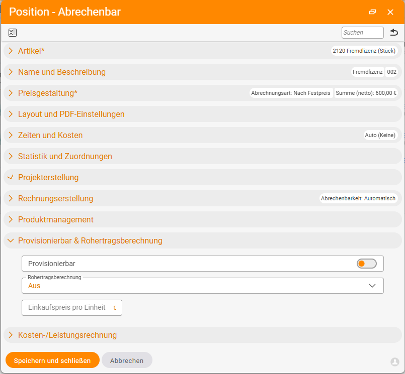 Item detail manager 'Item – Billable' with the expanded 'Commissionable & gross profit calculation' accordion: active toggle 'Commissionable', the 'Gross profit calculation' choice (here 'Off') and the 'Purchase price per unit' field.