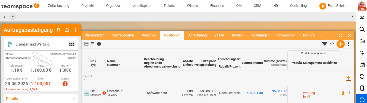 Items tab of an order with the purchase-licence item '001 Licence purchase / Software purchase'; in the Product management column the red badge 'Maintenance missing!'.